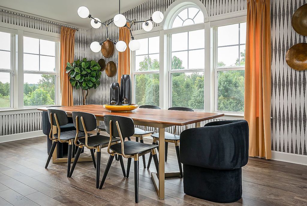 This tribal dining room with its futuristic lighting is a delight.