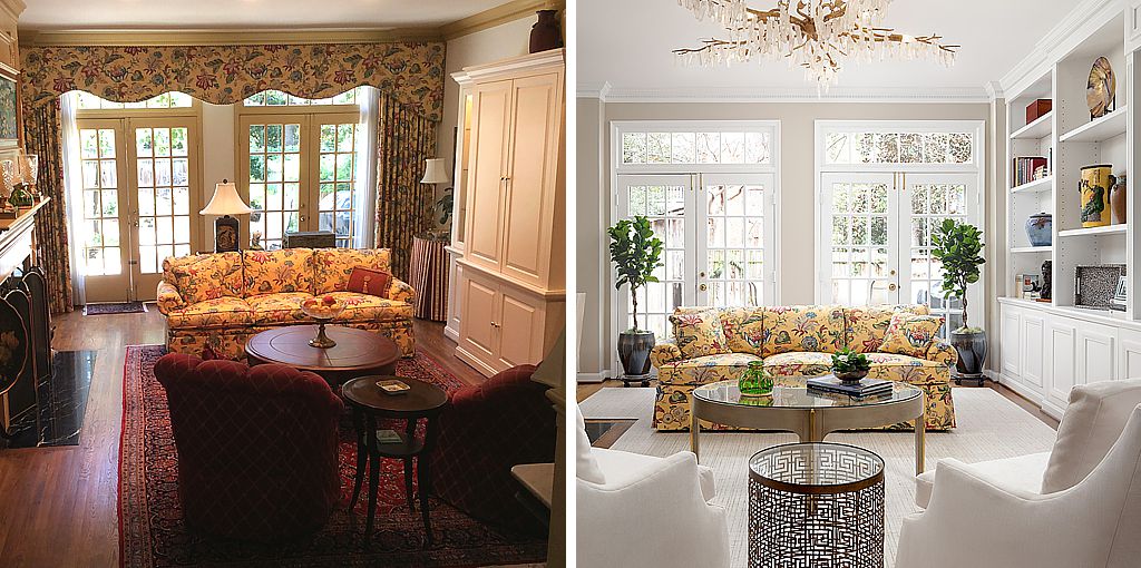 In this before and after of a living room, the owners wanted to keep the yellow sofa. What do you think?