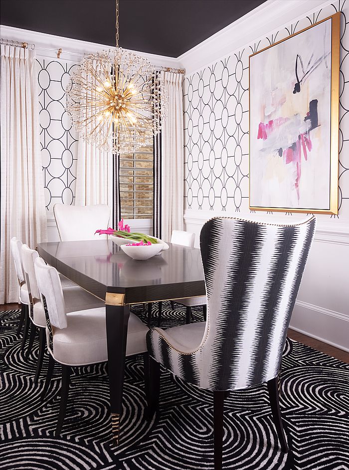 Black and white works well with multiple patterns and a pop of color.