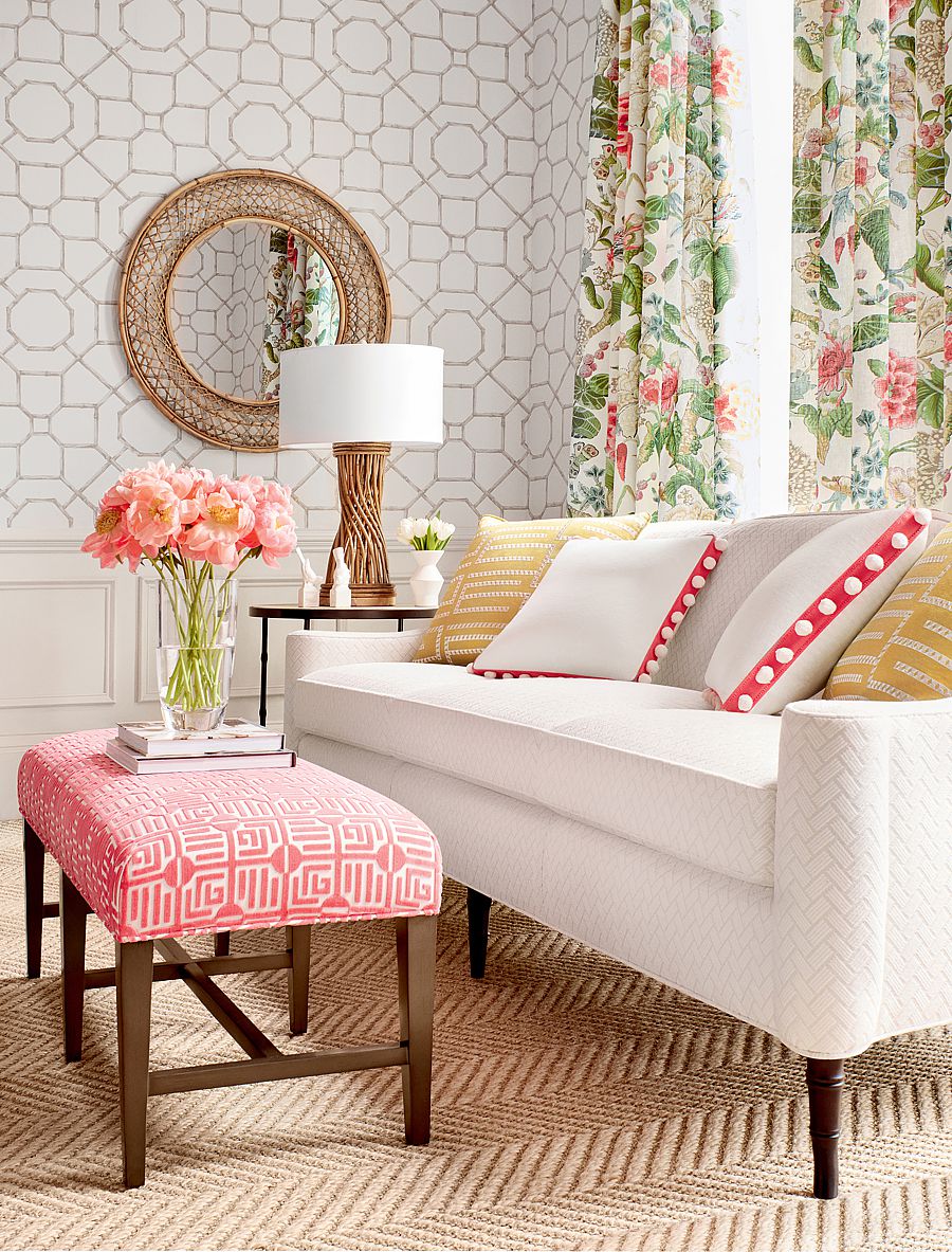 Thibaut fabrics and wallpaper create a light airy space. Here is a perfect example of Cottagecore. It doesn't have to look like a barn. Take the elements and make it modernized.