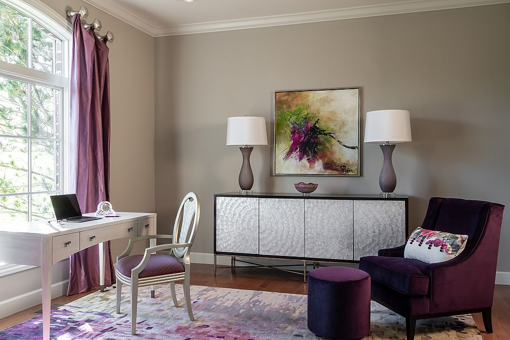 Restful colors in this feminine home office design.